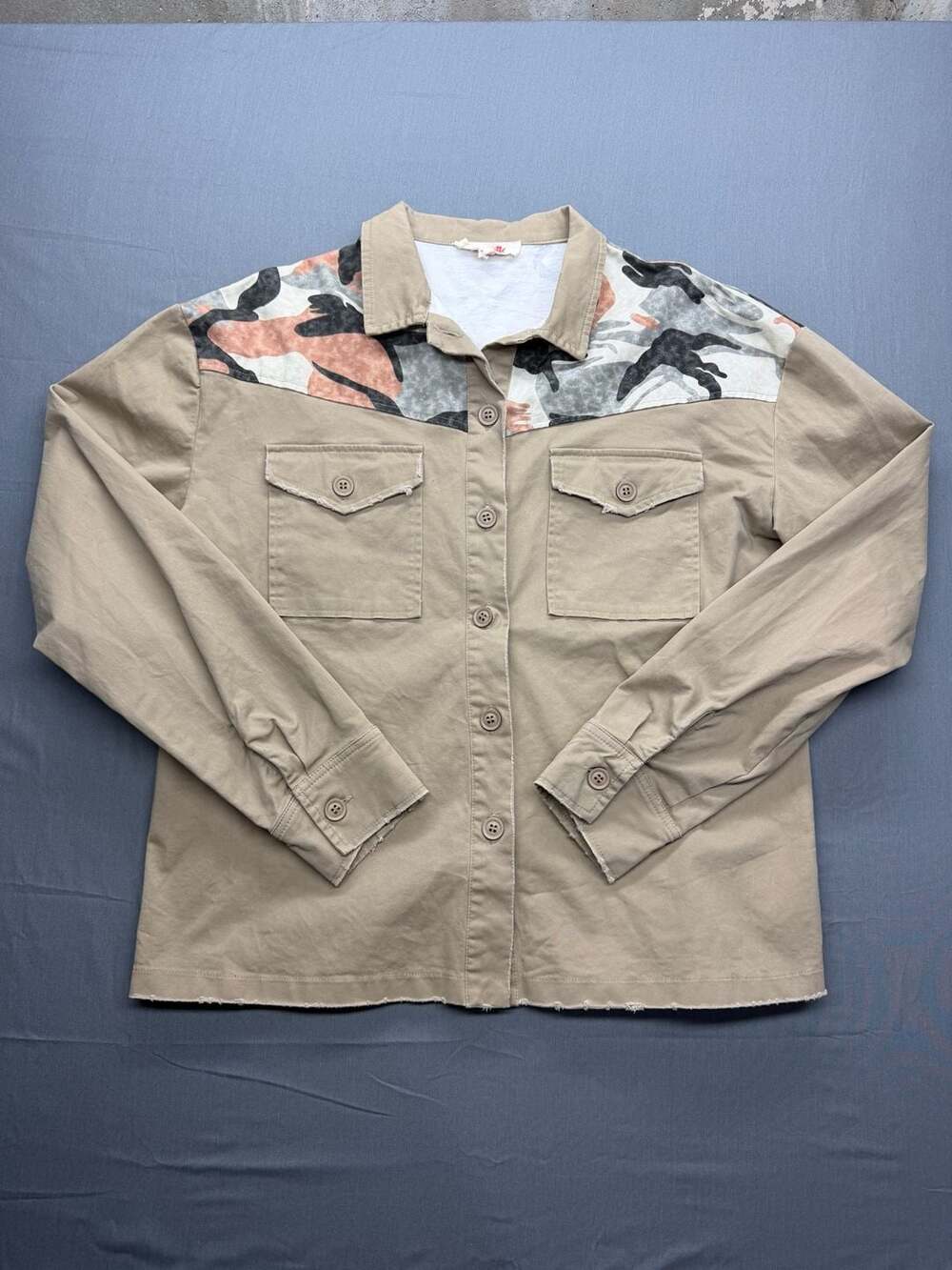 Mazik Women's Distressed Khaki Utility Shirt with Camo Print Yoke